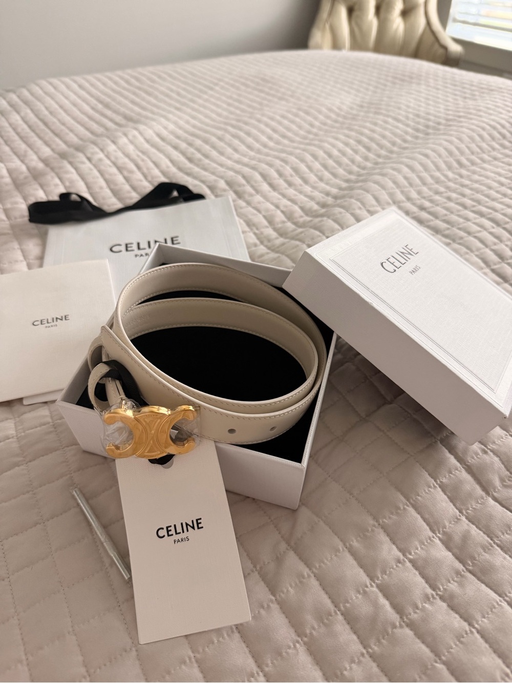 Celine Cream Leather Belt with Gold Triomphe Buckle Ivory Cream